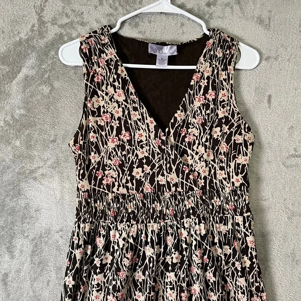 Vintage Brown Floral Midi Dress Earth Fairy Boho Cottagecore Sleeveless V-Neck S